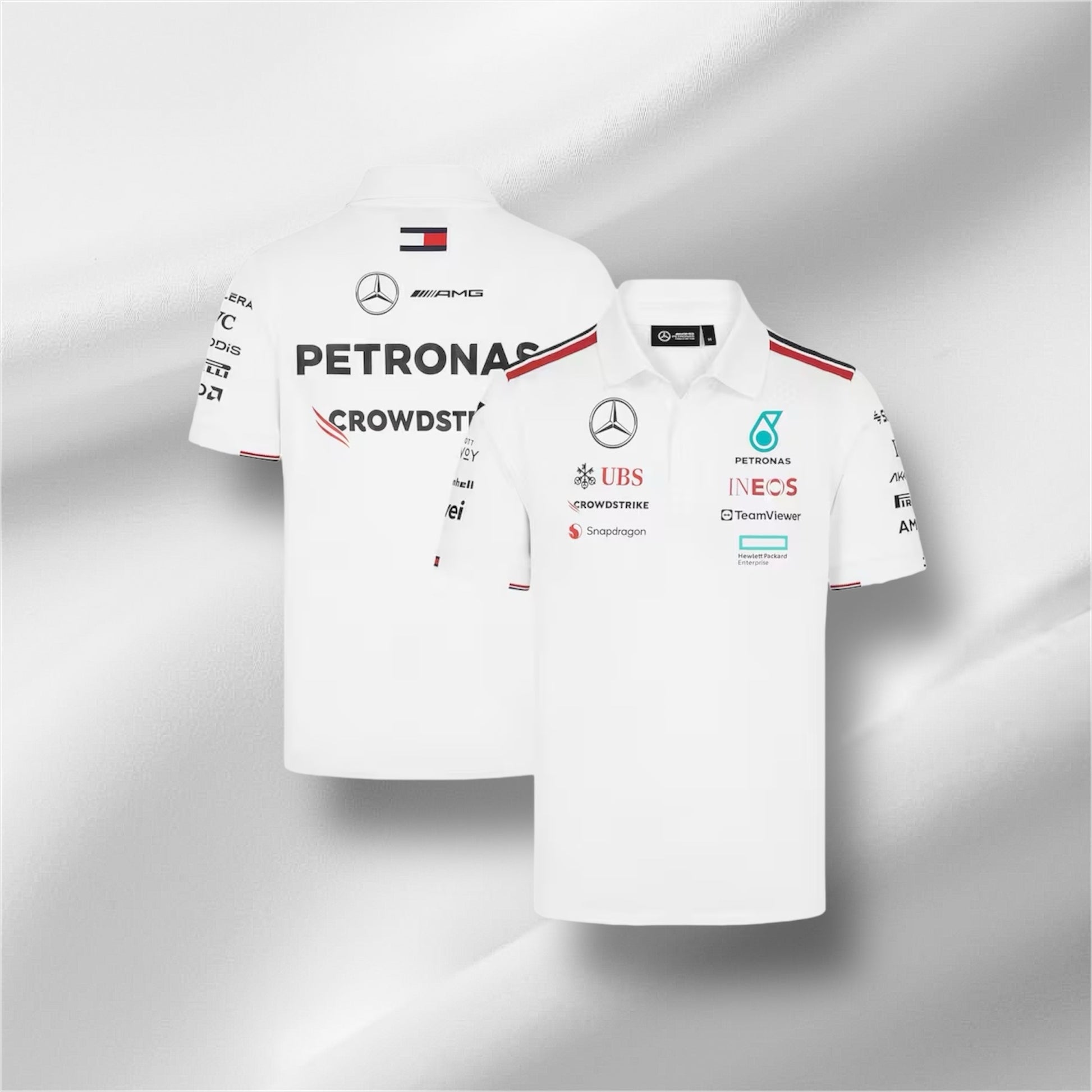 Weißes Poloshirt des Mercedes-Teams 2024